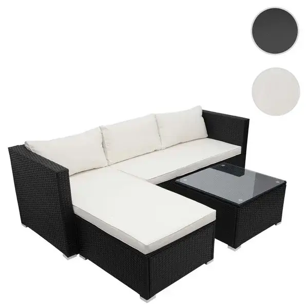 Loungesæt - sorte polyrattan siddegruppe med creme hvide hynder fra Havehobby.dk