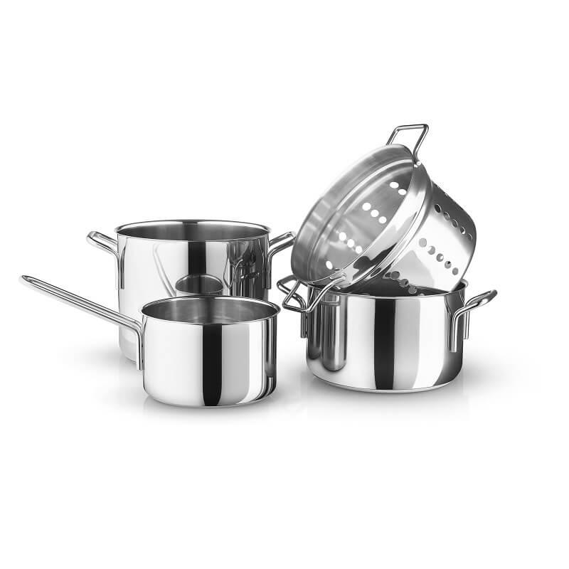 Eva Trio Recycled Rustfrit Stål grydesæt 4 Dele med pastaindsats fra GrydeGuru.dk